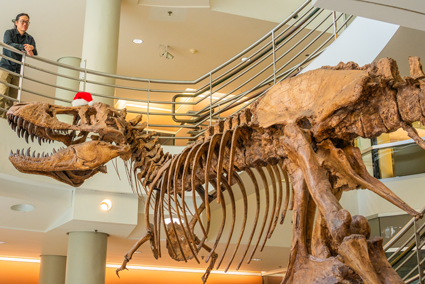 Professor Jack Tseng with the t-rex in the VLSB atrium